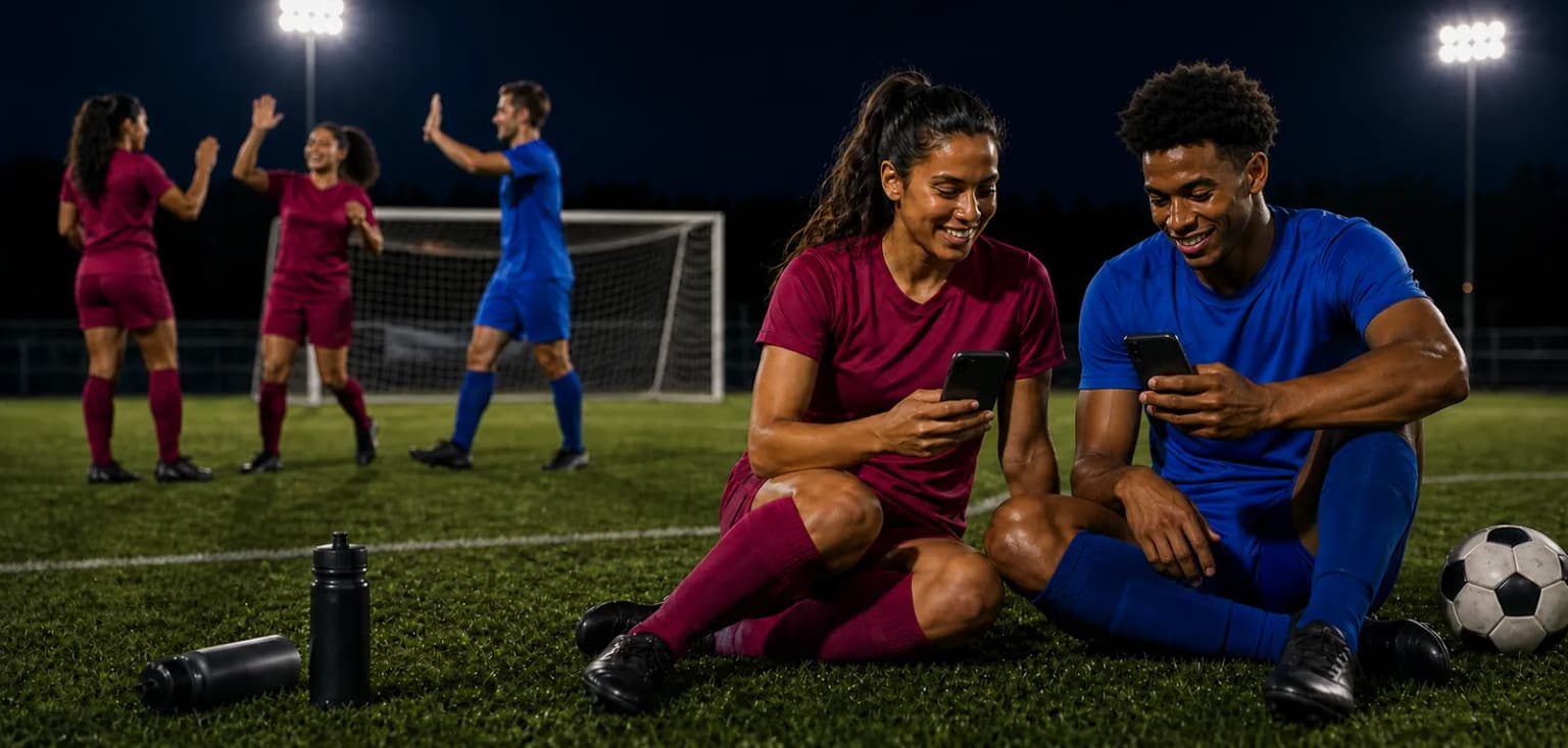 Soccer players reviewing their team schedule and personal stats on ZKickoff