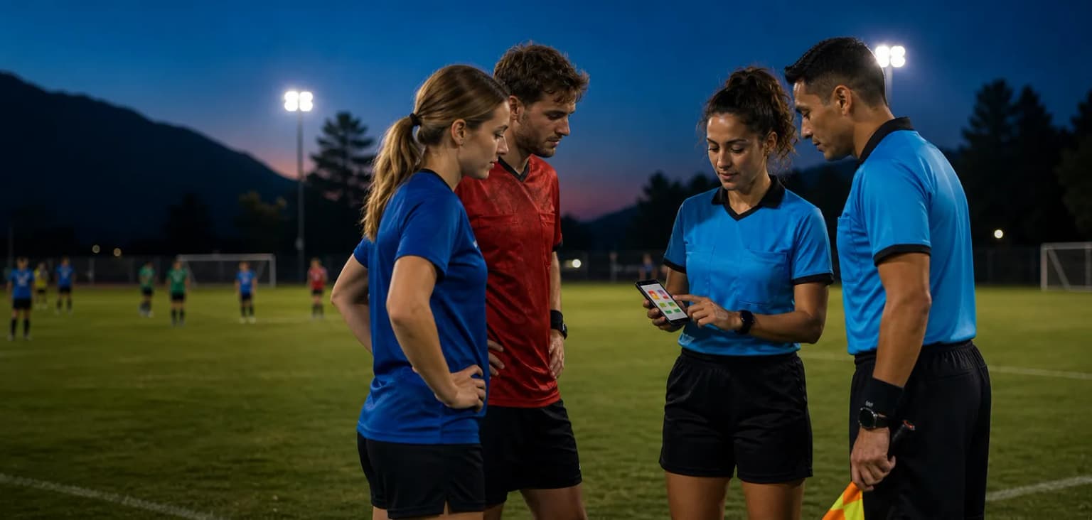 Referee submitting a digital match report pitch-side on a phone with ZKickoff