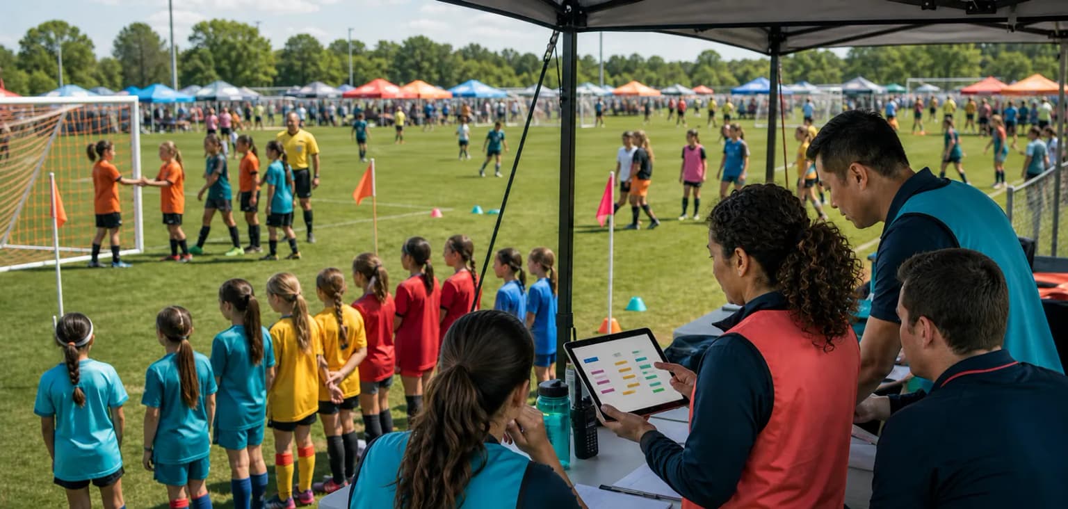 Multi-division soccer tournament progressing from group stage into a playoff bracket on ZKickoff